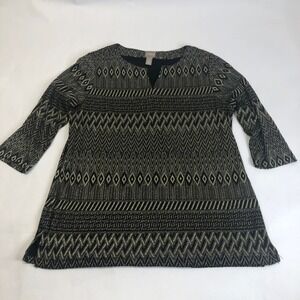 Chico's‎ Tunic Dress Metallic Gold Black Geometric Print 3/4 Sleeve Size 2
